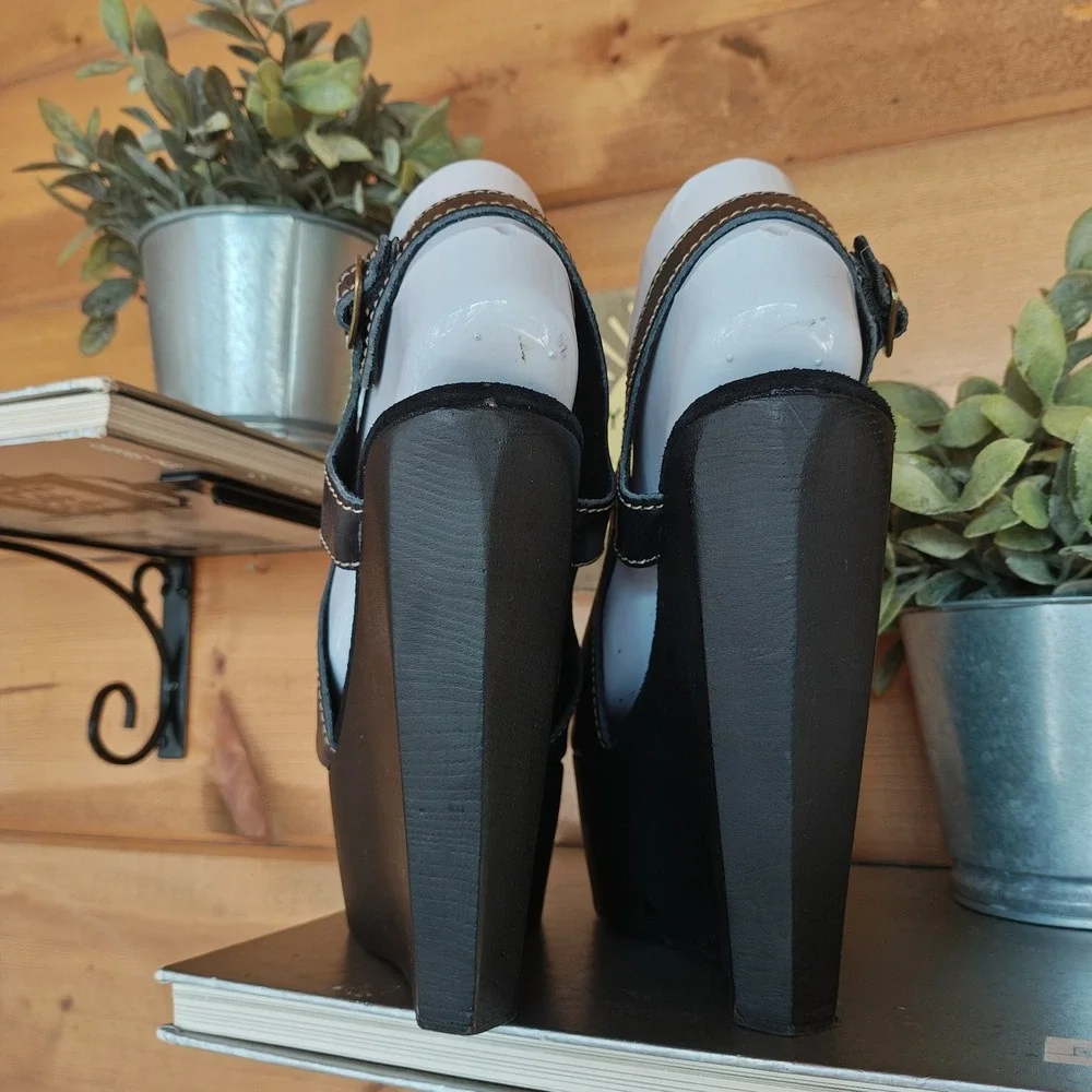 Sbicca Vintage Collection Wooden Wedge Platform Sandals Boho Black Leather Sz 38